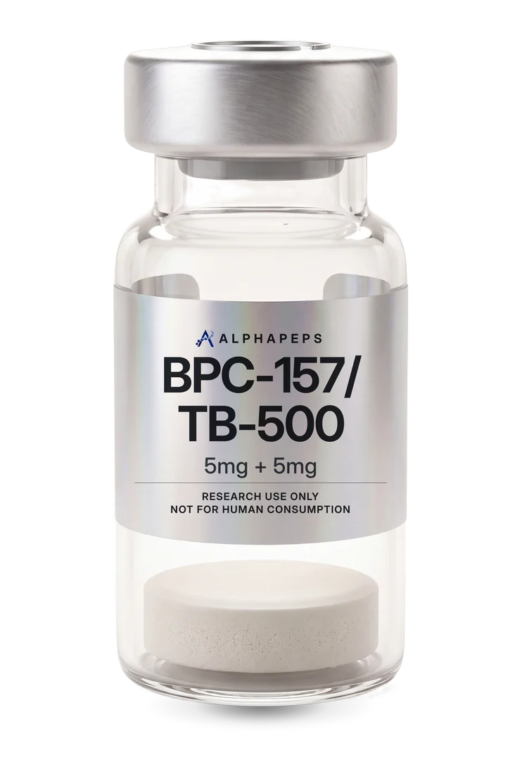 AlphaPepsOfficial BPC-157/TB-500 Blend 10mg research vial, labelled research use only and not for human consumption.
