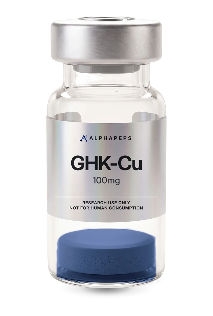 AlphaPepsOfficial GHK-Cu 100mg research vial, labelled research use only and not for human consumption.
