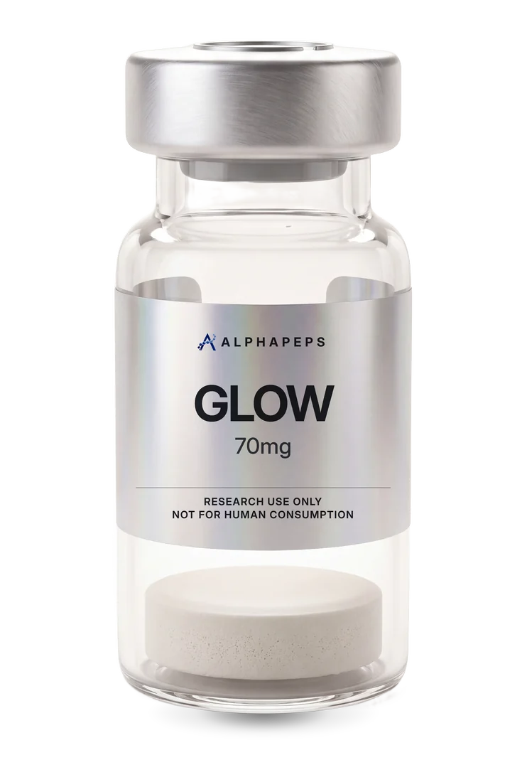 AlphaPepsOfficial GLOW 70mg research vial, labelled research use only and not for human consumption.