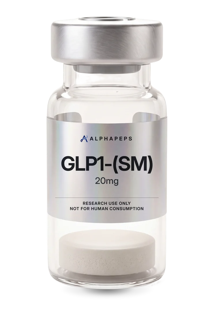 AlphaPepsOfficial GLP1-(SM) 20mg research vial, labelled research use only and not for human consumption.