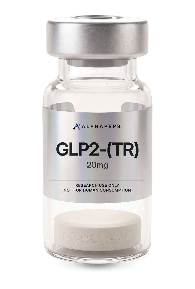 AlphaPepsOfficial GLP2-(TR) 20mg research vial, labelled research use only and not for human consumption.