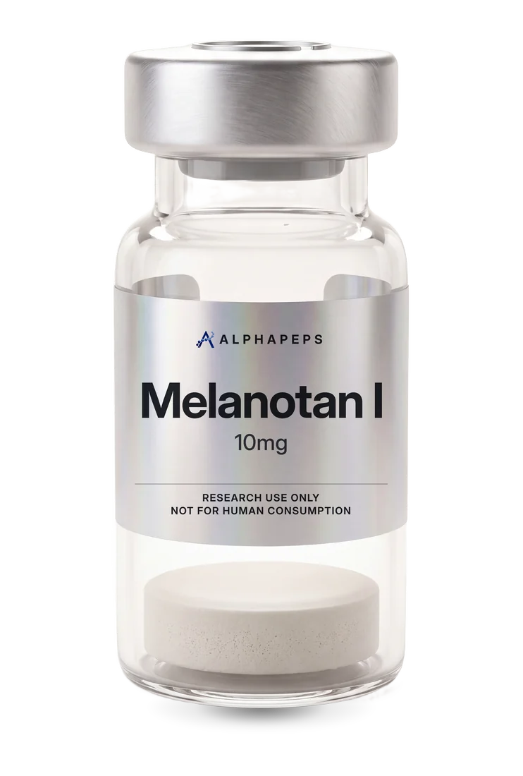AlphaPepsOfficial Melanotan I 10mg research vial, labelled research use only and not for human consumption.