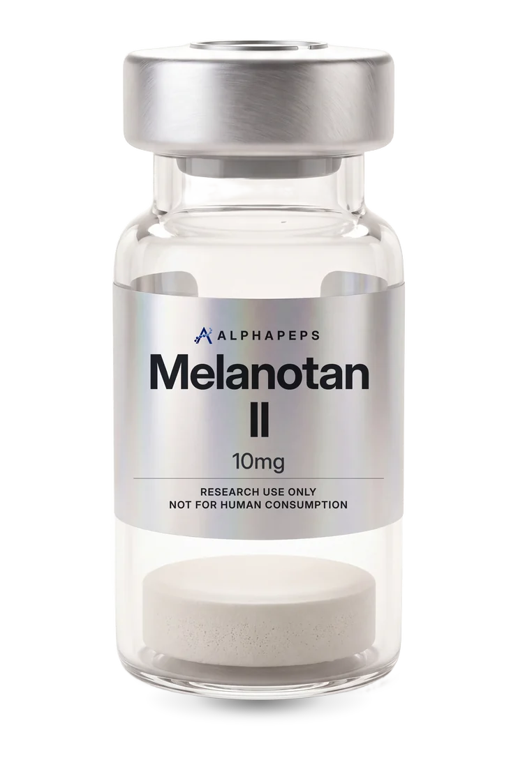 AlphaPepsOfficial Melanotan II 10mg research vial, labelled research use only and not for human consumption.