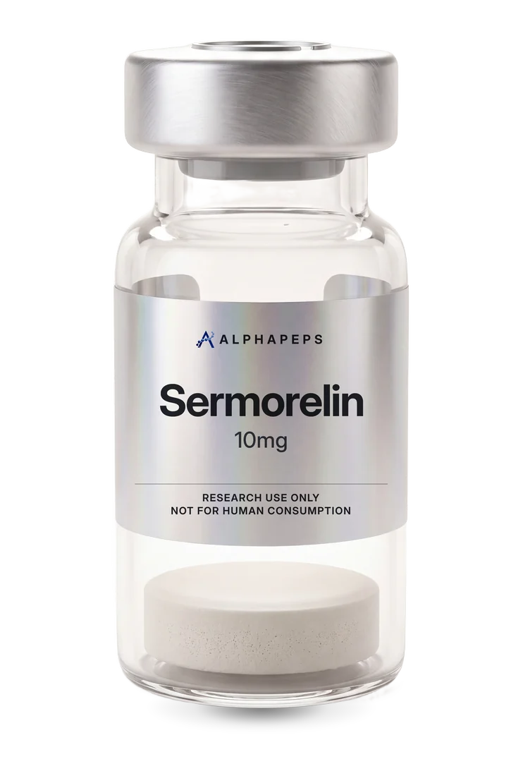 AlphaPepsOfficial Sermorelin 10mg research vial, labelled research use only and not for human consumption.