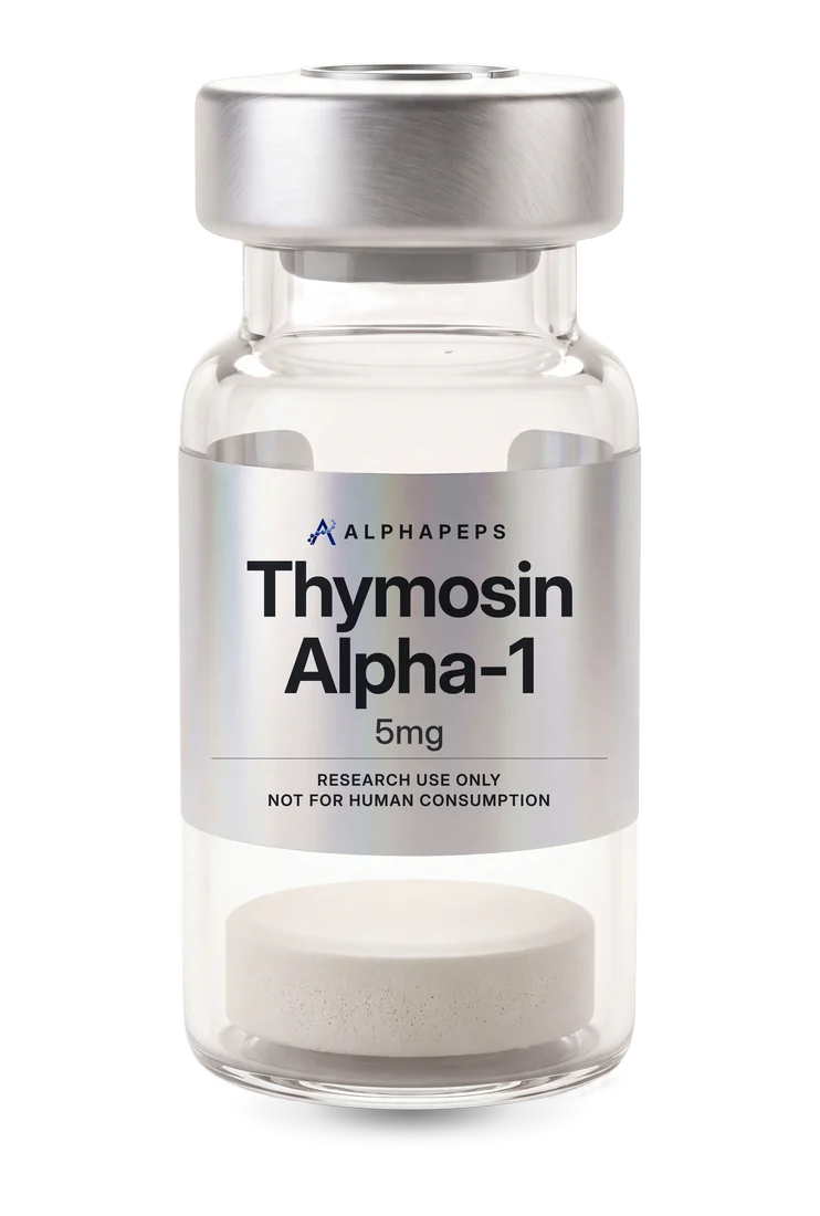 AlphaPepsOfficial Thymosin Alpha-1 5mg research vial, labelled research use only and not for human consumption.